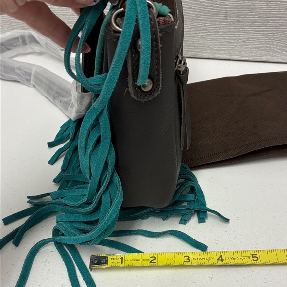 Montana West Brown Faux Calves Hair and Leather Teal Fringe Crossbody Bag - Picture 11 of 11